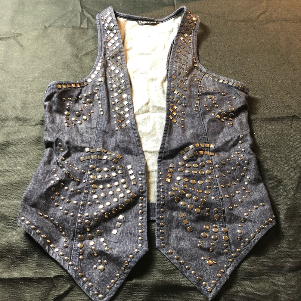 Liuces Jeans Denim Studded Vest; Punk, moto, Biker